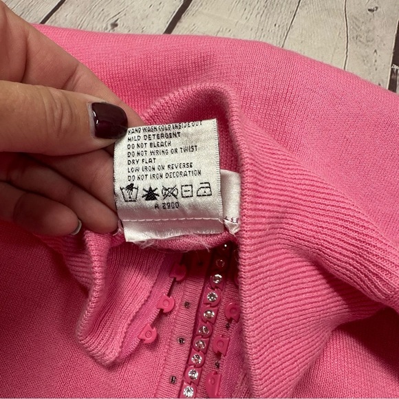 quacker factory pink zip sweater cardigan embroidered embellished sz Med sequins - Picture 9 of 9